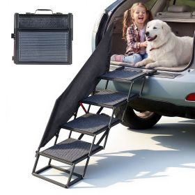 Dog Stairs for Car, 4 Steps Extra Wide Foldable Dog Ramp for Large Dogs with Non-Slip Rug Surface, Portable Lightweight Pet Ladder for Car, SUV,