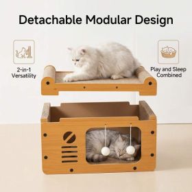 Multi-Style Double-Layer Cat Scratcher House, 2-Tier Large Cat Villa Bed With Corrugated Cardboard, Interactive Hanging Balls & Ergonomic Neck Su (Option: MD TV)