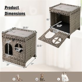 2-Tier Wicker Cat Condo With Litter Mat - Hidden Litter Box Enclosure, Detachable Washable Cushion, Gray Rattan (Option: Gray)