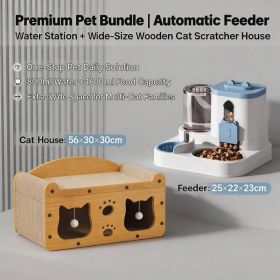 Cat Furniture Combo Set, 3 Style Multi Size Wooden Cat Scratcher House And 2 In One Blue White Automatic Feeder Water Dispenser 1600ml Food 800ml (Option: S FAD BLUE MD CAT1)