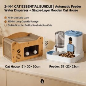 Cat Furniture Combo Set, 3 Style Multi Size Wooden Cat Scratcher House And 2 In One Blue White Automatic Feeder Water Dispenser 1600ml Food 800ml (Option: S FAD BLUE MD TV)