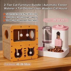 Cat Furniture Combo Set, 3 Style Multi Size Wooden Cat Scratcher House And 2 In One Pink White Automatic Feeder Water Dispenser 1600ml Food 800ml (Option: S FAD BLUE MD CAT2)
