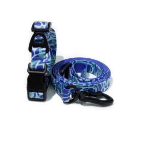 Trendy Printed PVC Dog Leash & Collar Set | Waterproof Heavy Duty Pet Lead (Pattern: Blue Wave Print, size: L)