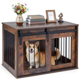 Dog Crate Furniture Heavy Duty Dog Kennel with Sliding Barn Door (Color: Rustic Brown)