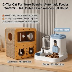 Cat Furniture Combo Set, 3 Style Multi Size Wooden Cat Scratcher House And 2 In One Blue White Automatic Feeder Water Dispenser 1600ml Food 800ml (Option: S FAD BLUE MD CAT2)