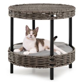 2-Tier Rattan Cat Bed - Washable Padded Cushion, Metal Legs 66 Lbs Total Capacity, Gray Finish (Option: Gray)