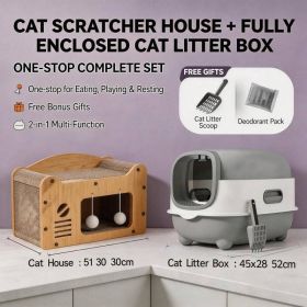 Cat Furniture Bundle, Multi Style Wooden Cat Scratcher House Fully Enclosed Odor Control Cat Litter Box, 2 In One Toilet Play Rest Combo With Fre (Option: E catlittlebox gray MD TV)