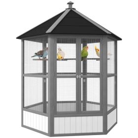 69 Wooden Hexagonal Outdoor Aviary Flight Bird Cage With Covered Roof, Light Gray (Option: White)
