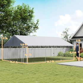 Heavy Duty Outdoor Dog Kennel With Waterproof Roof, 2 Secure Latches, Chain Link Dog Run For Backyard, 20' X 15' X 8' (Option: Silver)
